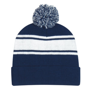 Two-Tone Knit Pom Beanie With Cuff - Navy Blue