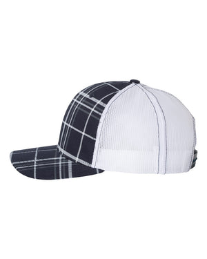 Richardson 112P Patterned Snapback Trucker Cap - Plaid Print Navy And Charcoal With White