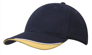 6 Panel HBC Cap with Peak Indent & Sandwich - Custom Embroidered - HP_4167 - Black with White and Gold