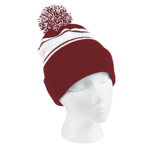 Two-Tone Knit Pom Beanie With Cuff - Burgundy