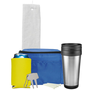 Deluxe Golf Gift Set - White Towel, Royal Bag, Yellow Can Cooler