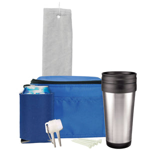 Deluxe Golf Gift Set - White Towel, Royal Bag, Navy Can Cooler