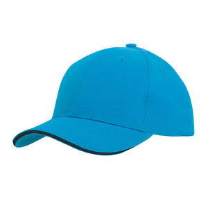 6 Panel Brush Heavy Cotton Sandwich Peak Cap - Custom Embroidered - HP_4210 - Cyan with Navy