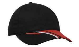 6 Panel Brushed Cotton Cap 3 Colour Peak - Custom Embroidered - HP_4178 - Black with White and Red