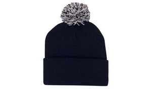 Knitted Acrylic Beanie with Pom Pom - Custom Embroidered - HP_4256 - Navy with White