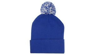 Knitted Acrylic Beanie with Pom Pom - Custom Embroidered - HP_4256 - Royal with White