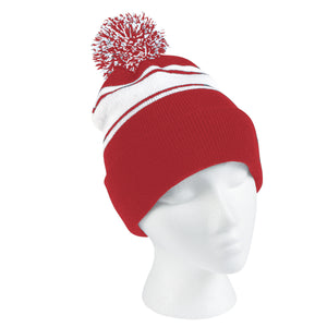 Two-Tone Knit Pom Beanie With Cuff - Red