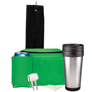 Deluxe Golf Gift Set - Black Towel, Green Bag, Green Can Cooler