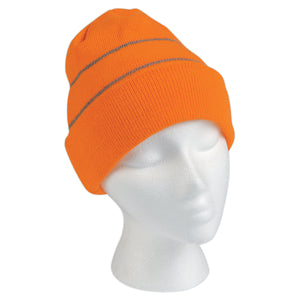 Knit Cuff Beanie With Reflective Stripes - Neon Orange