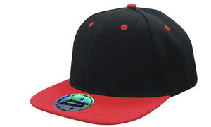 6 Panel Two Tone Flat Peak Cap - Custom Embroidered - HP_4106 - Black with Red