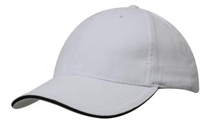 6 Panel Brush Heavy Cotton Sandwich Peak Cap - Custom Embroidered - HP_4210 - White with Black