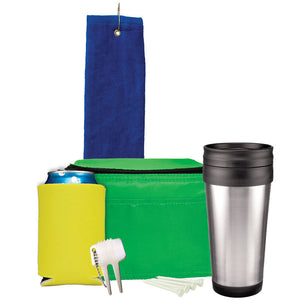 Deluxe Golf Gift Set - Royal Towel, Green Bag, Yellow Can Cooler