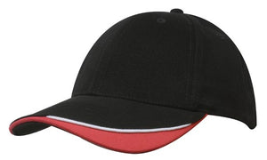 6 Panel HBC Cap with Peak Indent & Sandwich - Custom Embroidered - HP_4167 - Black with White and Red