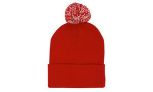 Knitted Acrylic Beanie with Pom Pom - Custom Embroidered - HP_4256 - Red with White