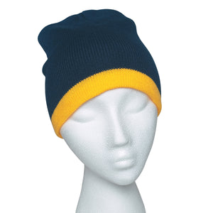 Knit Beanie With Stripe - Navy With Gold