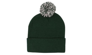 Knitted Acrylic Beanie with Pom Pom - Custom Embroidered - HP_4256 - Bottle Green with White