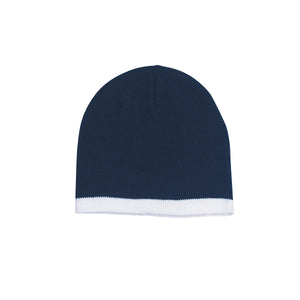 Knit Beanie With Stripe - Navy Blue With White