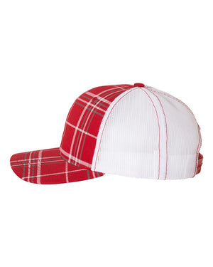 Richardson 112P Patterned Snapback Trucker Cap - Plaid Print Red And Charcoal With White