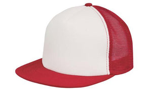 5 Panel Mesh Back Cap with Flat Peak - Custom Embroidered - White With Red