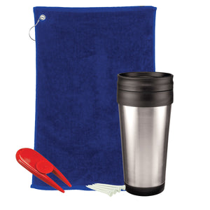 Golf Gift Set - Stainless Steel Tumbler - Royal Towel And Red Divot Tool