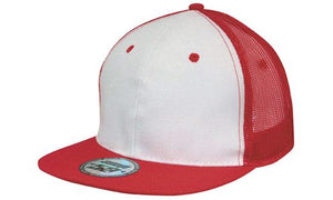 6 Panel Mesh Back Cap with Flat Peak - Custom Embroidered - White With Red