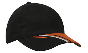 Black/White/Orange 6 Panel Brushed Cotton Cap 3 Colour Peak