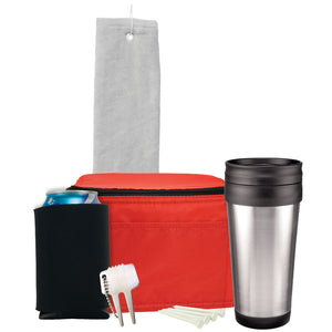 Deluxe Golf Gift Set - White Towel, Red Bag, Black Can Cooler