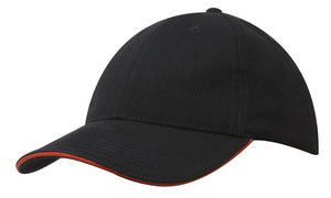 6 Panel Brush Heavy Cotton Sandwich Peak Cap - Custom Embroidered - HP_4210 - Black with Orange