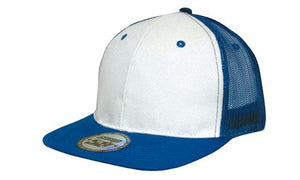 6 Panel Mesh Back Cap with Flat Peak - Custom Embroidered - White With Royal