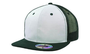 6 Panel Mesh Back Cap with Flat Peak - Custom Embroidered - HP_3816 - White with Black