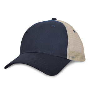 6 Panel Light Brushed Trucker Cap - Navy With Khaki