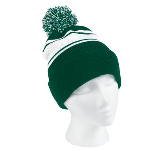 Two-Tone Knit Pom Beanie With Cuff - Forest Green