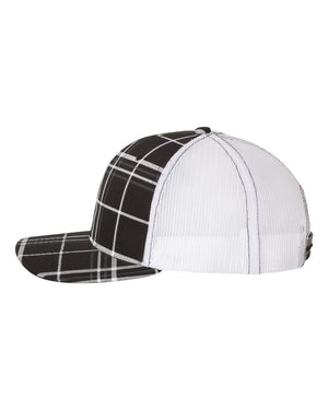 Richardson 112P Patterned Snapback Trucker Cap - Plaid Print Black And Charcoal With White