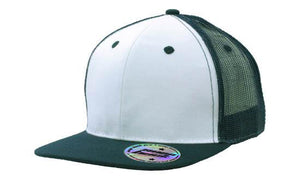 6 Panel Mesh Back Cap with Flat Peak - Custom Embroidered - HP_3816 - White with Navy