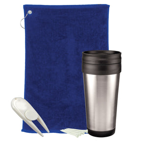 Golf Gift Set - Stainless Steel Tumbler - Royal Towel And White Divot Tool