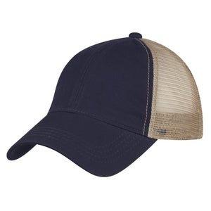 Washed Cotton Mesh Back Cap - Navy Blue With Khaki