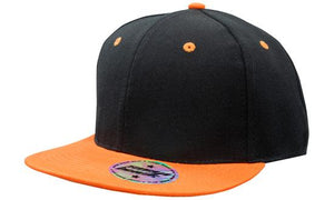 6 Panel American-T Flat Peak 2 Tone Cap - Custom Embroidered - Black With Orange