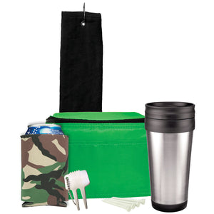 Deluxe Golf Gift Set - Black Towel, Green Bag, Camouflage Can Cooler