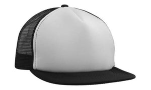 5 Panel Mesh Back Cap with Flat Peak - Custom Embroidered - White With Black