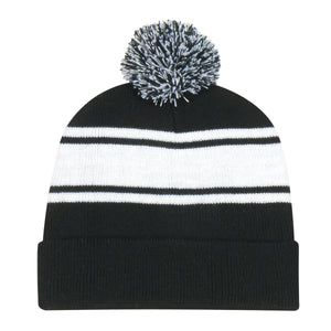 Two-Tone Knit Pom Beanie With Cuff - Black