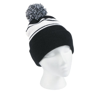 Two-Tone Knit Pom Beanie With Cuff - Black