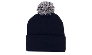 Knitted Acrylic Beanie with Pom Pom - Custom Embroidered - HP_4256 - Black with White