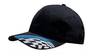 6 Panel Brush Cotton Cap Swoosh-Checks - Custom Embroidered - Black/blue/white