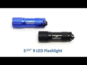 This 3 3/4" 9 LED Flashlight will light up your next promotion. It features a handy glass breaker tip and comes in nylon pouch with wrist strap. Powered by three AAA batteries (included). 