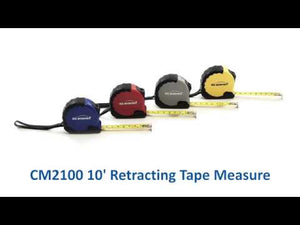 10 foot metal retractable tape measure comes complete with standard US and Metric measurements, lock button, protective rubber casing, and belt loop. 