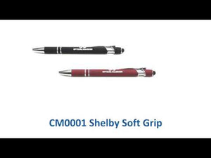 The Shelby Soft Grip Pen is one of our hottest trending pens. Our newest pen has a soft, rubberized aluminum barrel with plunger click action and a soft stylus on top. 