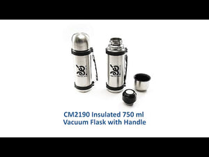 This 24 oz (750 ml) stainless steel double wall insulated thermal flask with swivel handle grip comes with a twist off, leak-resistant cap that serves as a drinking cup and the inner cap has a push button feature for easy pouring. Personalized with your business advertising as a promotional product.