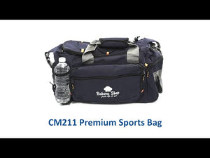 Premium sports bag with U-shaped top zipper/bungee cord closure. Includes elasticized water bottle side pocket and gusseted side zipper pocket. Ready to be customized with your company name and logo.