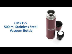 Insulated stainless steel vacuum flask with one-touch stopper. Features an auto-close stopper when lid is screwed on. Ready to be customized with your company name and logo. 