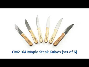 Set of steak knives with maple or rosewood handles laser imprinted with your business advertising. Sharp, curved serrated 5" blades with maple handles. Set of six knives in a black gift box. A perfect holiday gift or summer BBQ promotion.